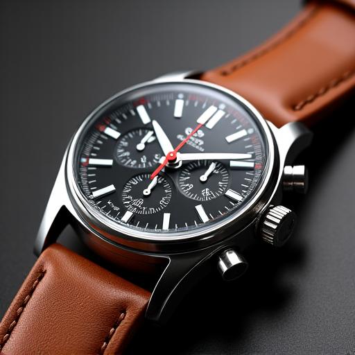 Jam tangan kronograf perlumbaan dengan tali kulit.