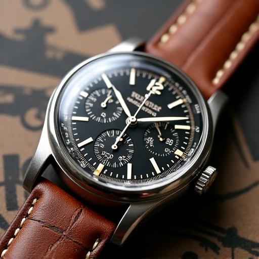 Jam tangan kronograf juruterbang vintaj dengan dail yang kompleks.