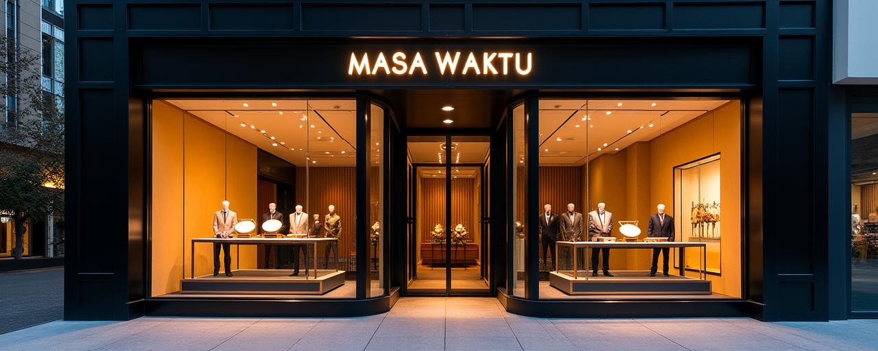Gambaran hadapan butik Masa Waktu yang elegan dengan tingkap pameran yang terang.