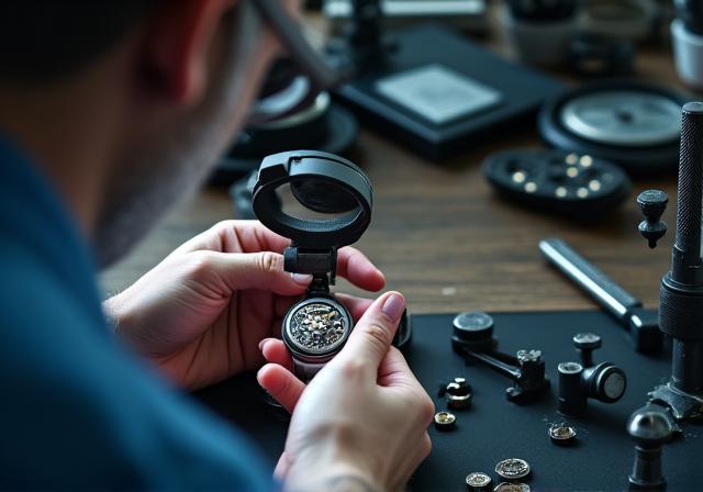 Seorang horologis sedang memeriksa dengan teliti pergerakan jam tangan menggunakan loupe.